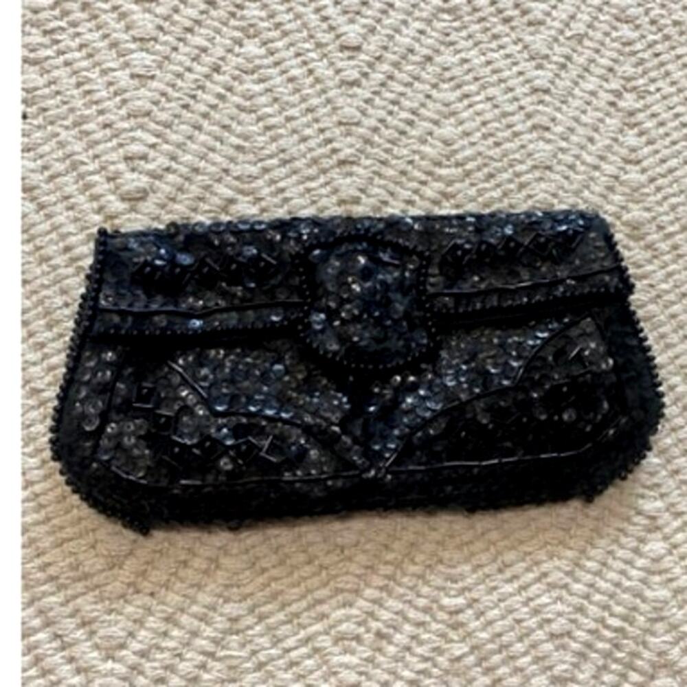 VTG La Regale Black Beaded Sequin Clutch Purse Envelope Bag Made Japan Evening
